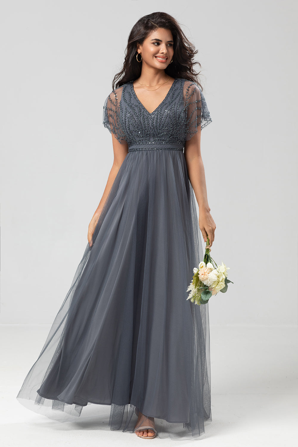 Epitome of Romance A-Line V Neck Eucalyptus Long Bridesmaid Dress med perler
