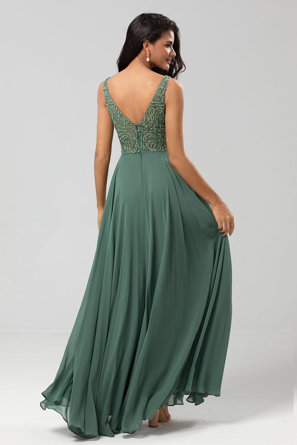Selvsikker karismatisk A Line V Neck Eucalyptus Long Bridesmaid Dress with Beading