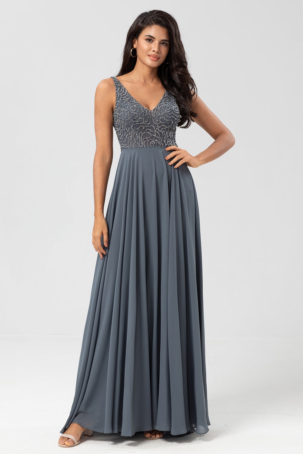 Selvsikker karismatisk A Line V Neck Eucalyptus Long Bridesmaid Dress with Beading