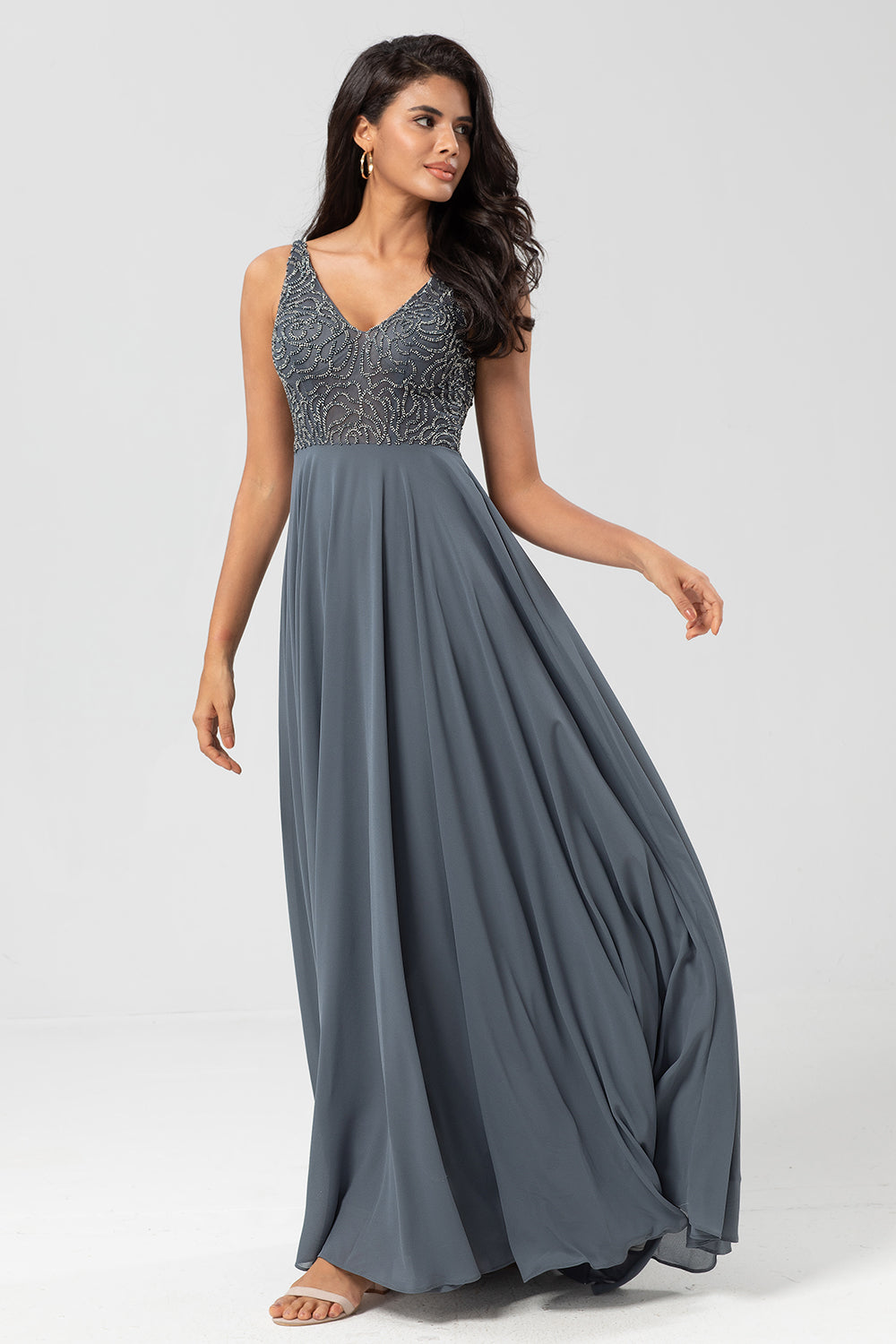 Selvsikker karismatisk A Line V Neck Eucalyptus Long Bridesmaid Dress with Beading