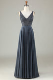 Selvsikker karismatisk A Line V Neck Eucalyptus Long Bridesmaid Dress with Beading