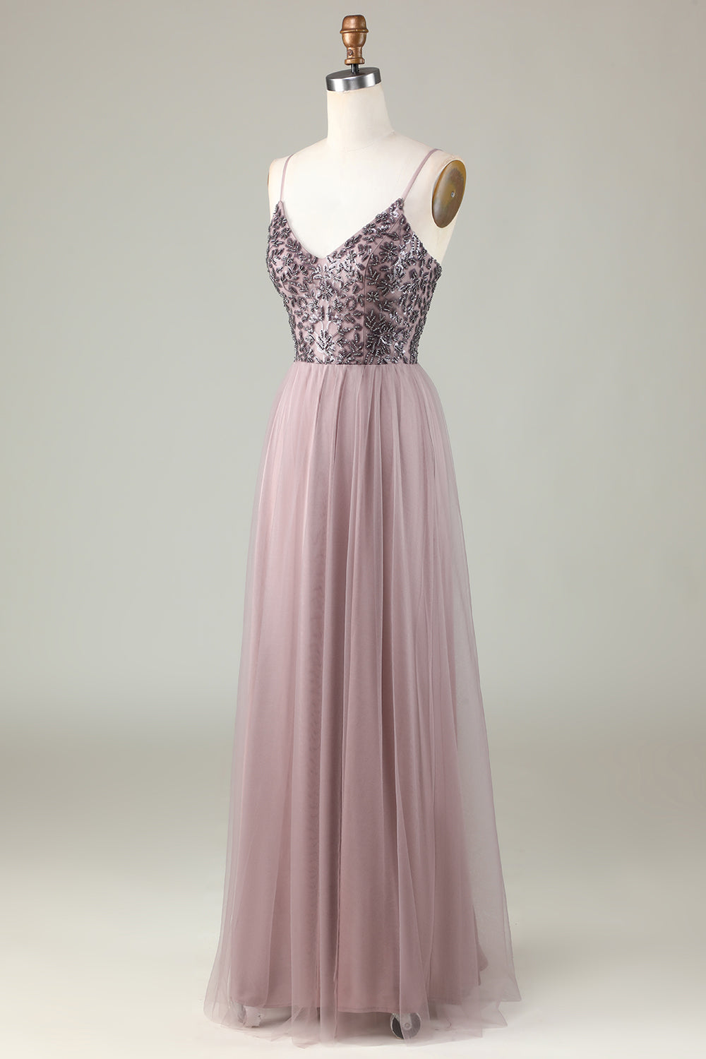 Beaded Spaghetti stropper støvete blå brudepike kjole