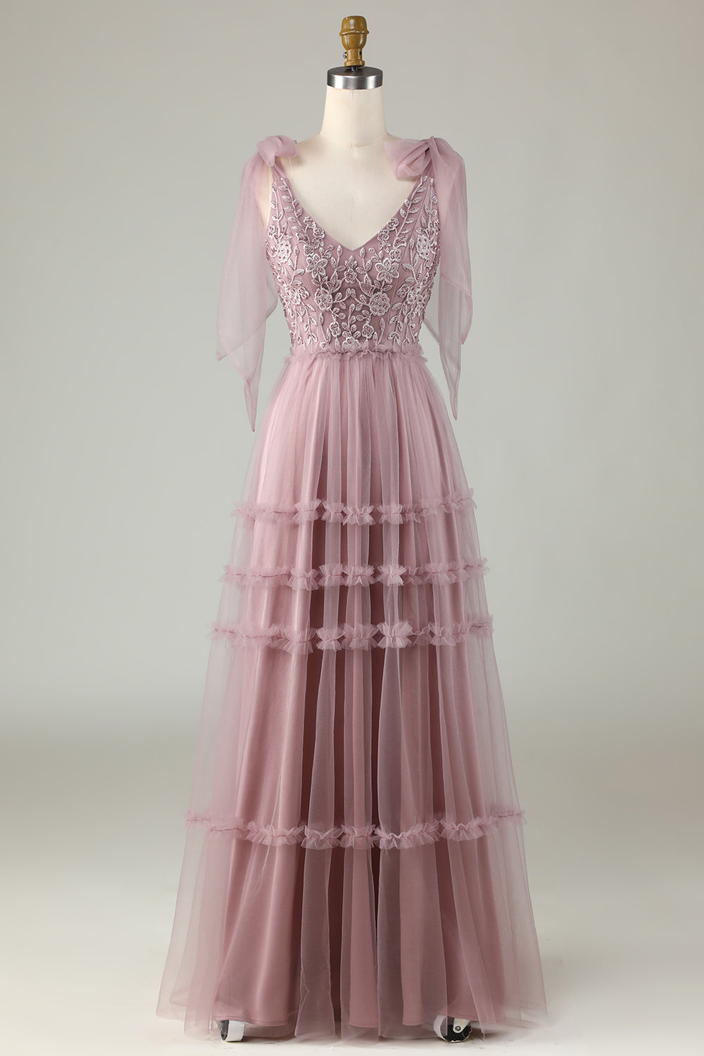 Keeper of My Heart A-Line V Neck Dusty Pink Long Bridesmaid Dress med perler
