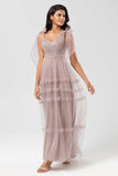 Keeper of My Heart A-Line V Neck Dusty Pink Long Bridesmaid Dress med perler
