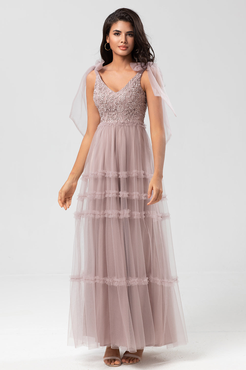 Keeper of My Heart A-Line V Neck Dusty Pink Long Bridesmaid Dress med perler