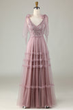 Keeper of My Heart A-Line V Neck Dusty Pink Long Bridesmaid Dress med perler