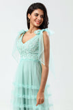 Keeper of My Heart A-Line V Neck Dusty Pink Long Bridesmaid Dress med perler