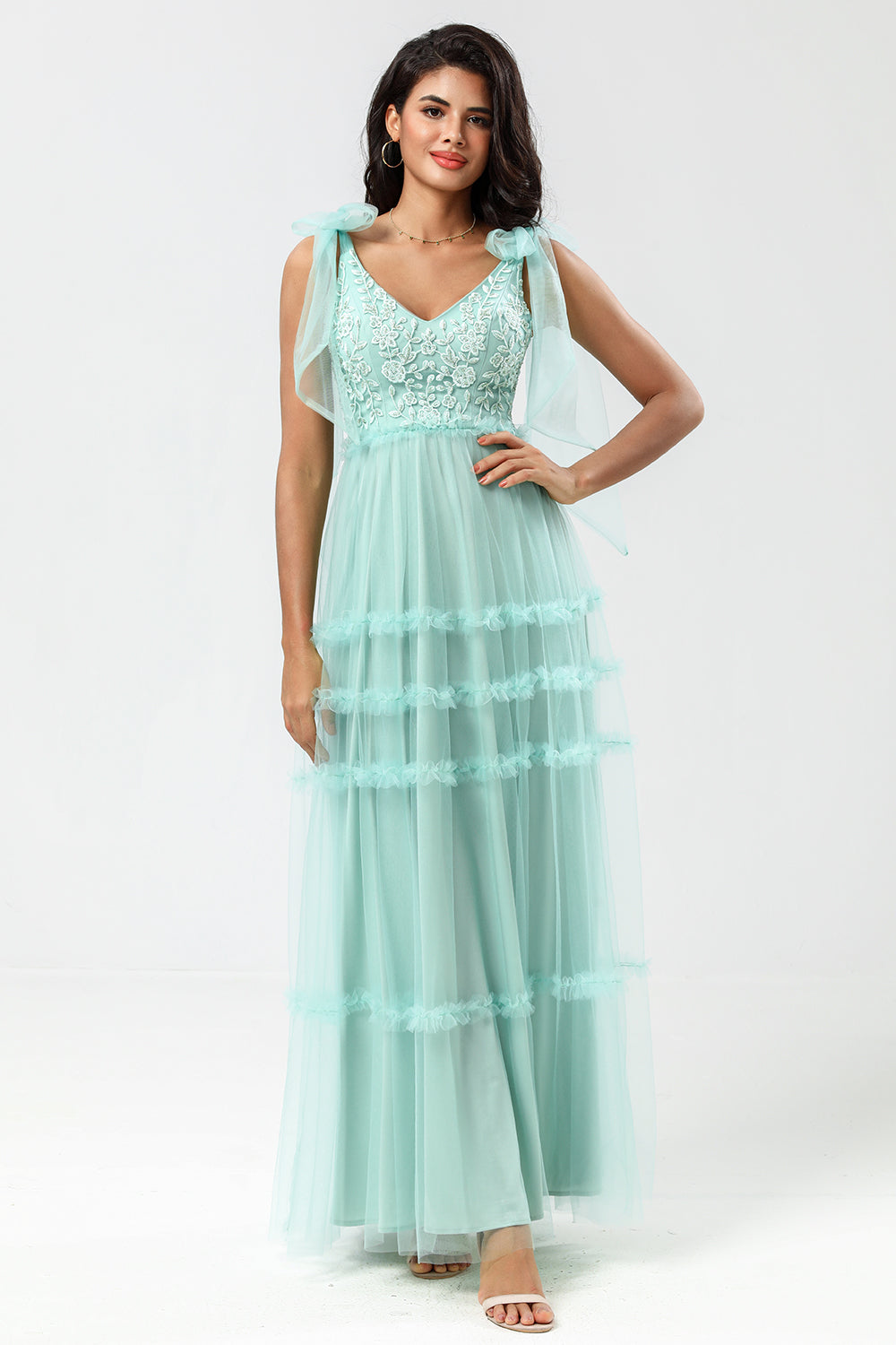 Keeper of My Heart A-Line V Neck Dusty Pink Long Bridesmaid Dress med perler