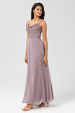 Certifiably Chic A Line Spaghetti stropper Dusty Pink Long brudepike kjole med Beaded