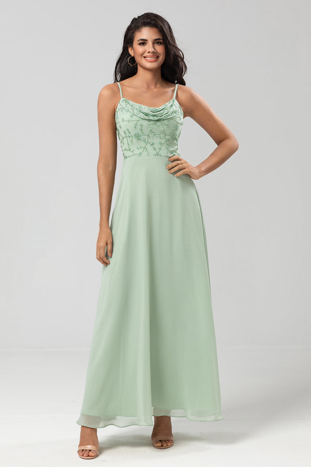 Certifiably Chic A Line Spaghetti stropper Dusty Pink Long brudepike kjole med Beaded