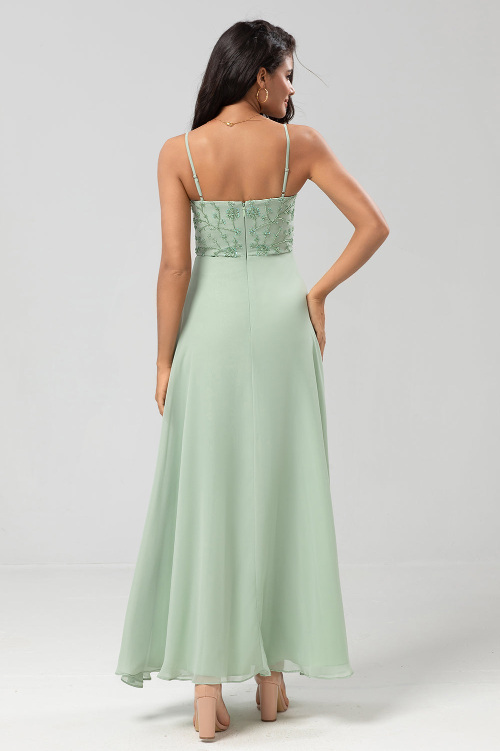 Certifiably Chic A Line Spaghetti stropper Dusty Pink Long brudepike kjole med Beaded