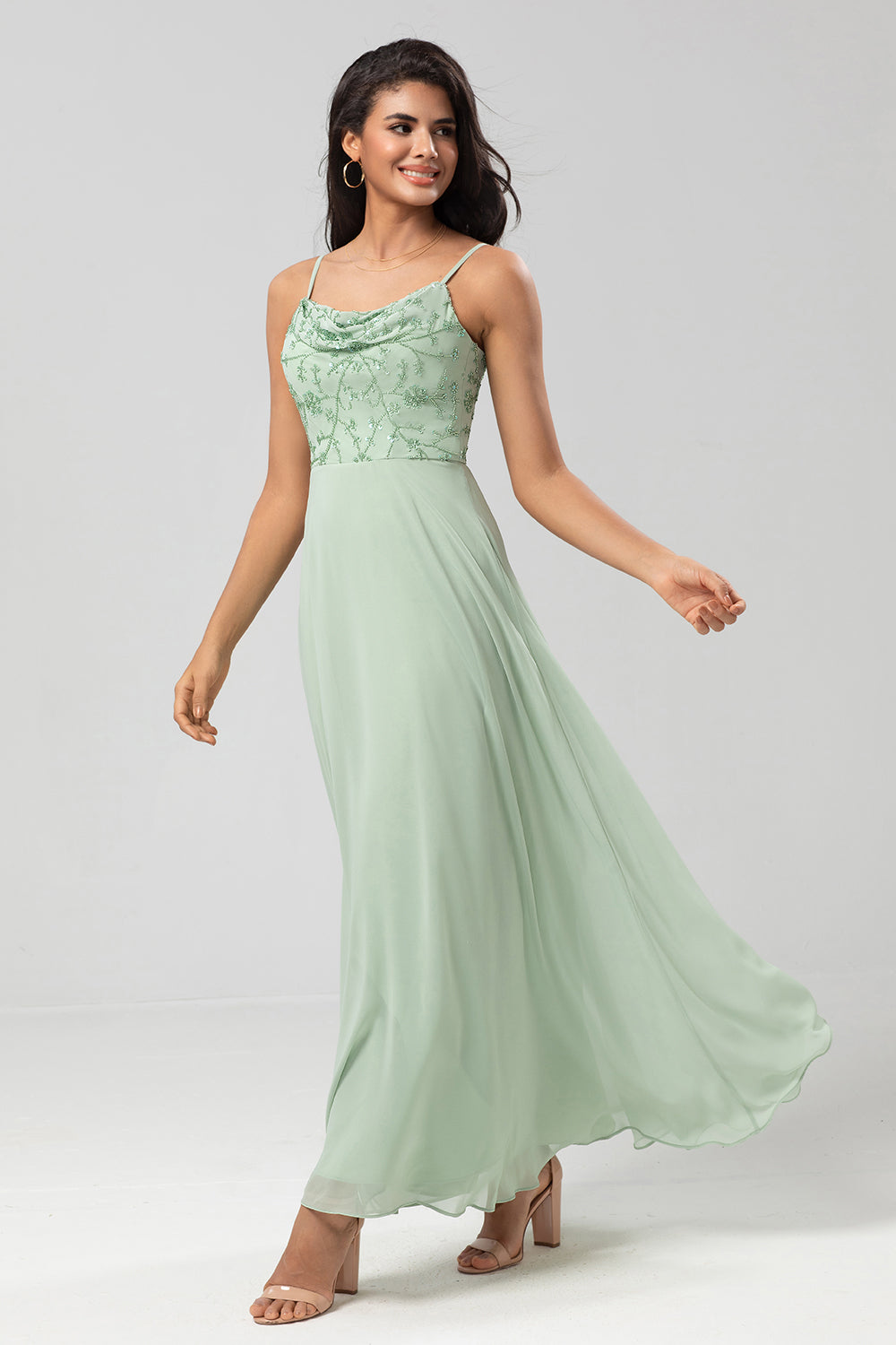 Certifiably Chic A Line Spaghetti stropper Dusty Pink Long brudepike kjole med Beaded