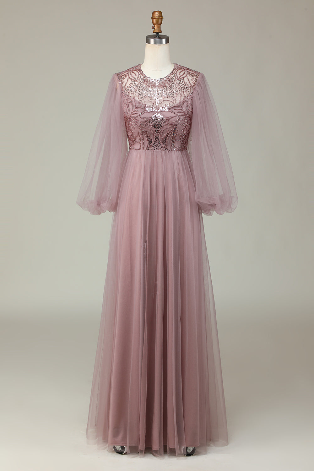 En linje grå blå paljett lange ermer brudepike kjole