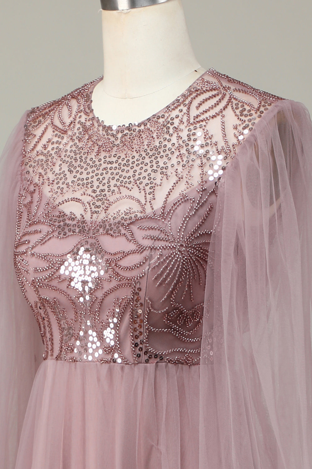 En linje grå blå paljett lange ermer brudepike kjole