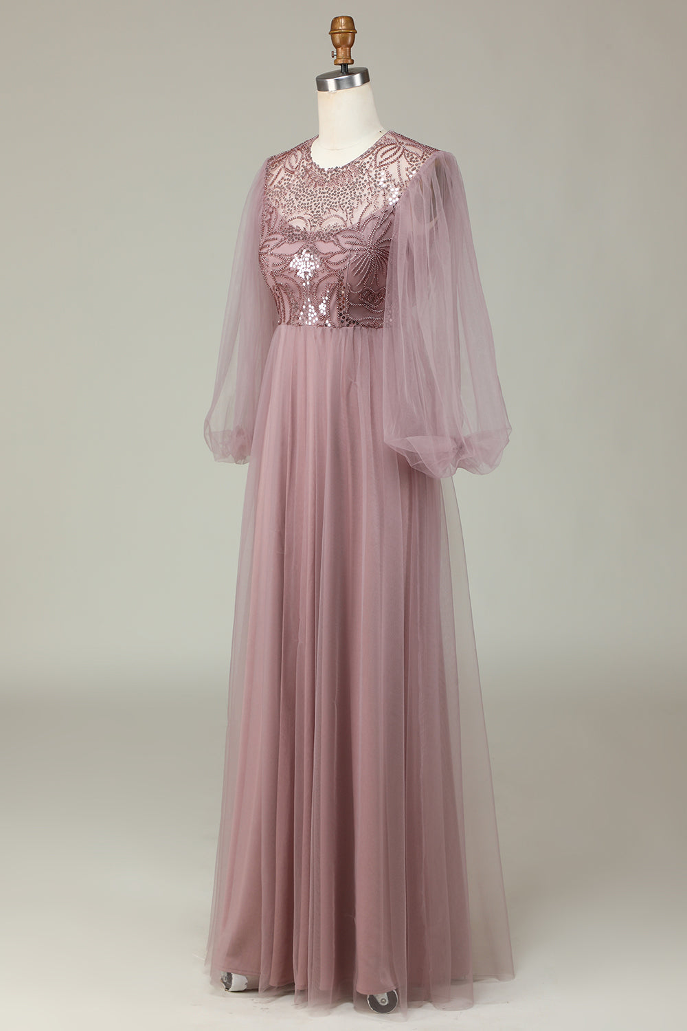 En linje grå blå paljett lange ermer brudepike kjole