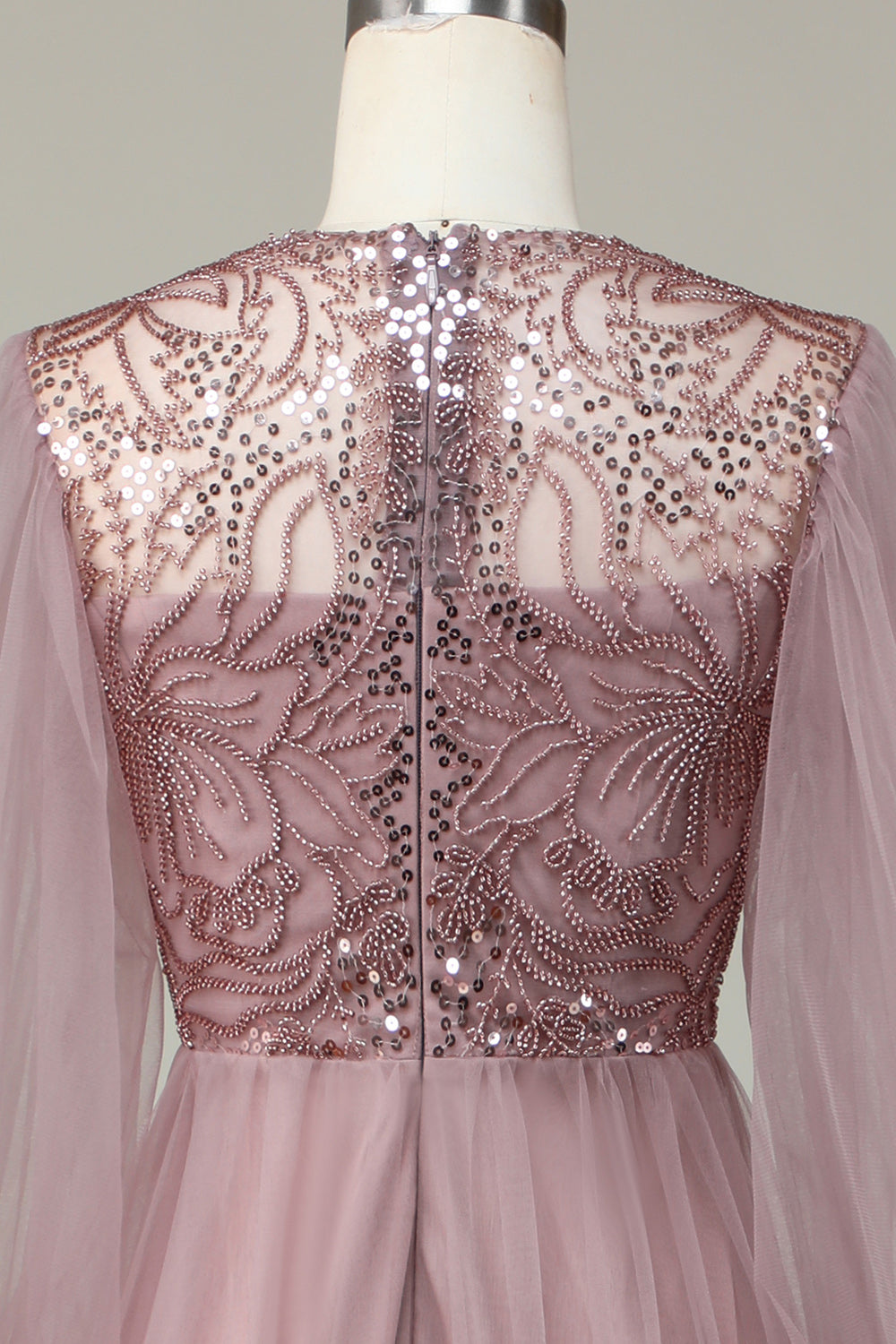 En linje grå blå paljett lange ermer brudepike kjole