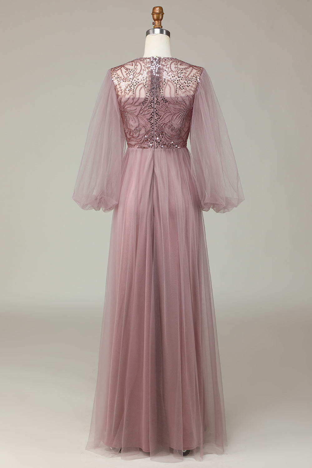 En linje grå blå paljett lange ermer brudepike kjole