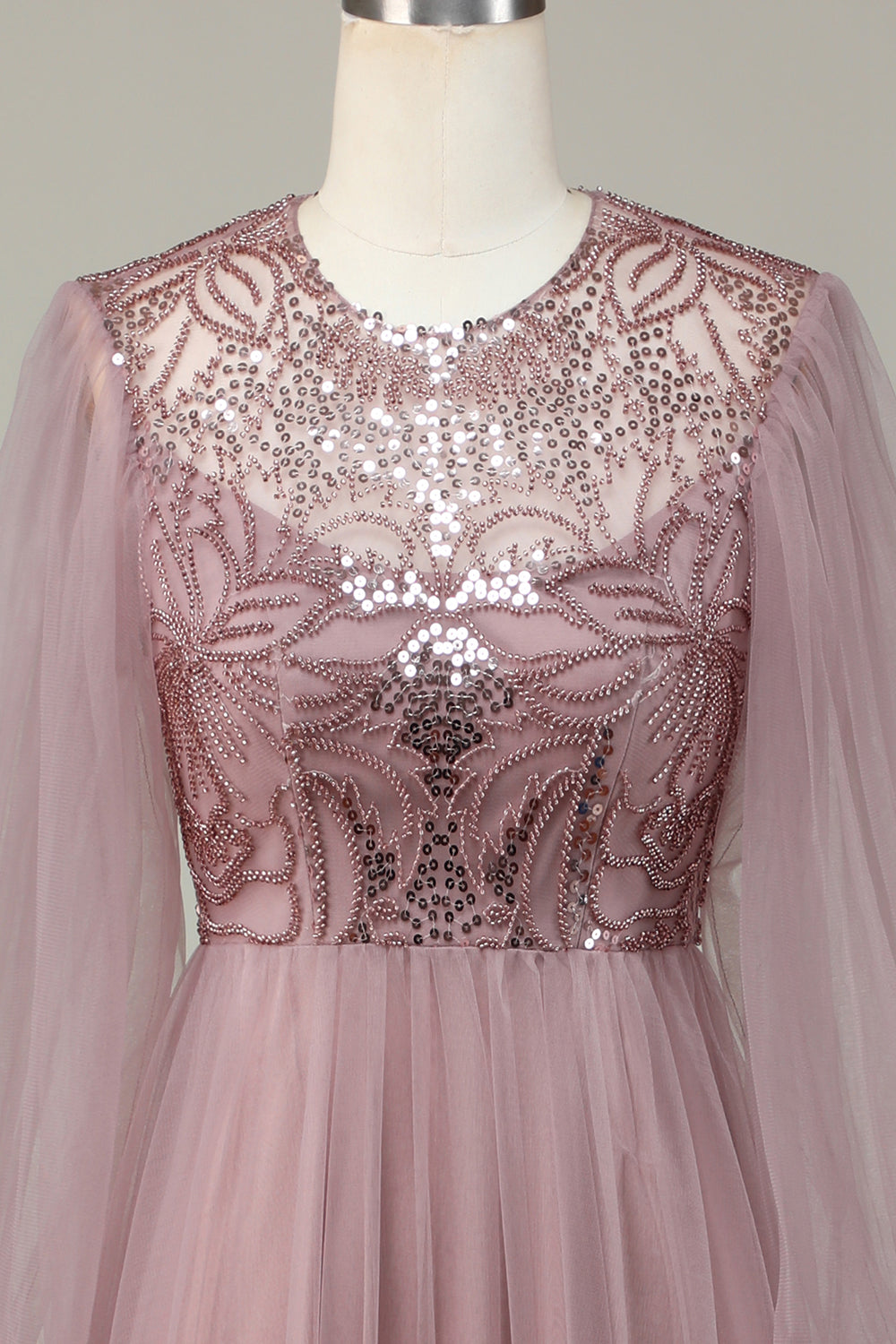 En linje grå blå paljett lange ermer brudepike kjole