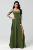 Av skulderen A Line Olive Bridesmaid kjole med Slit