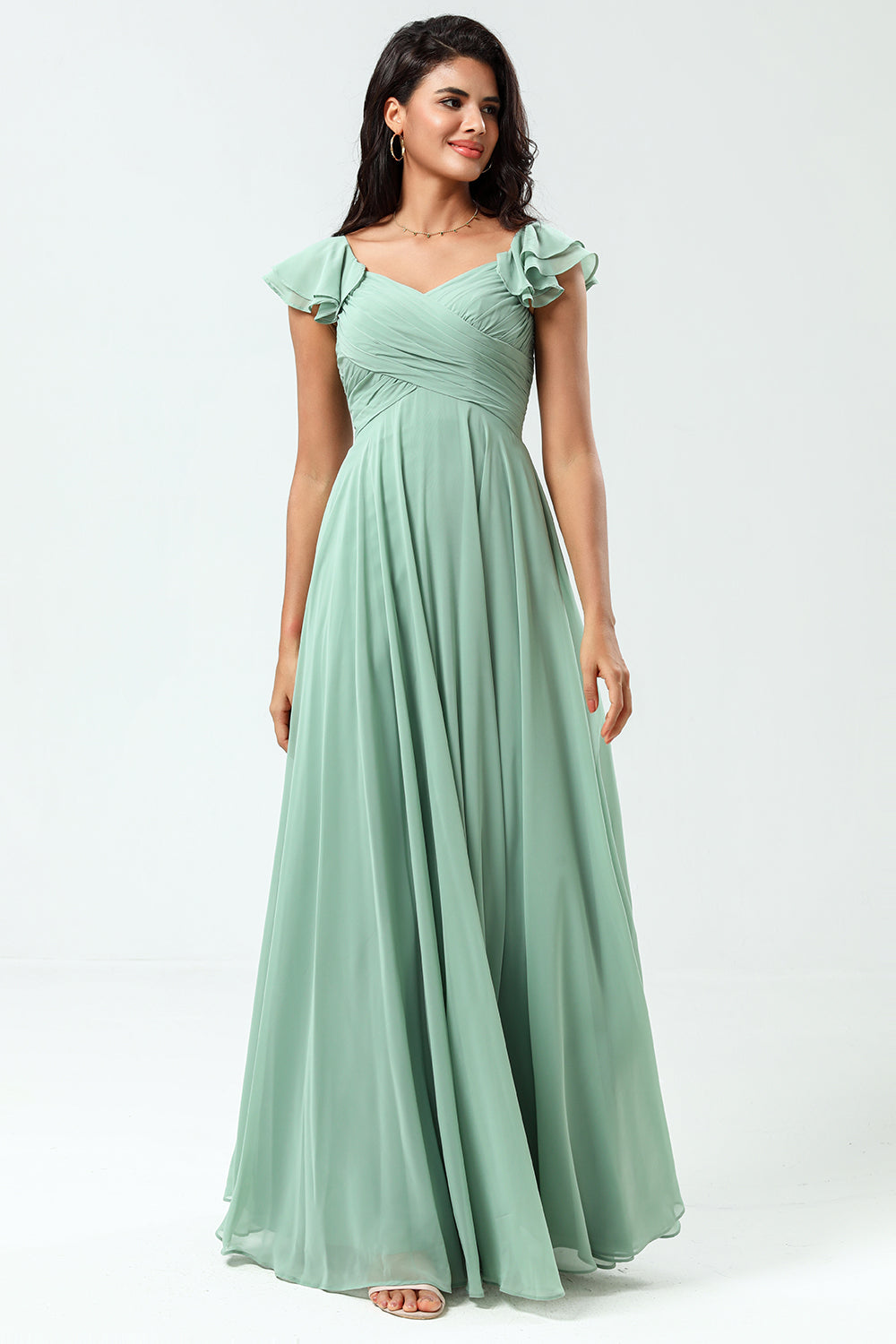 Lace-Up Back A Line Chiffon Green brudepike kjole med volanger