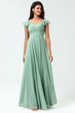 Lace-Up Back A Line Chiffon Green brudepike kjole med volanger