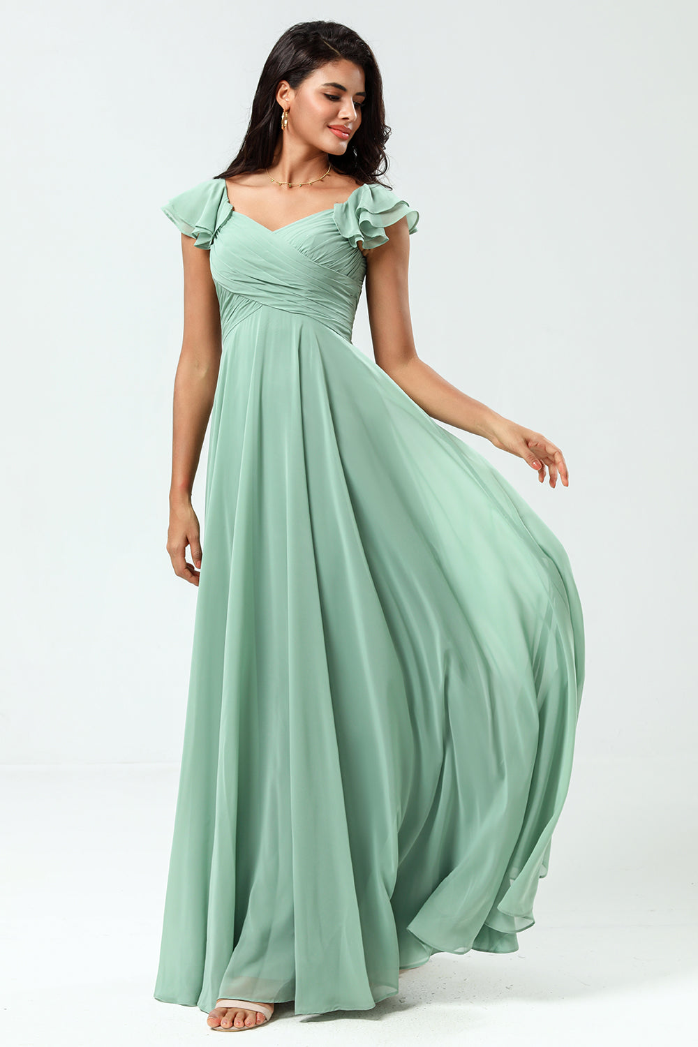 Lace-Up Back A Line Chiffon Green brudepike kjole med volanger