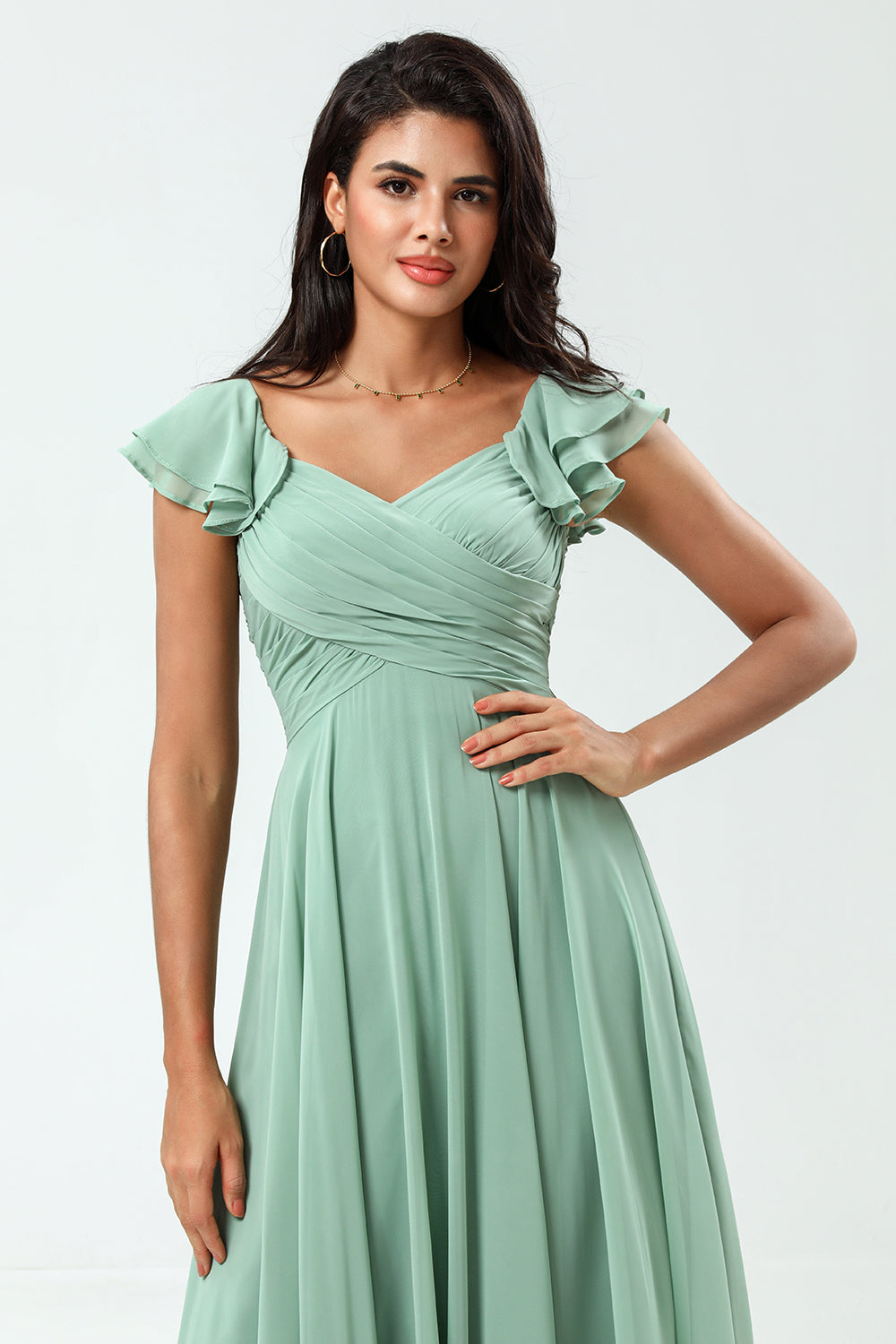 Lace-Up Back A Line Chiffon Green brudepike kjole med volanger