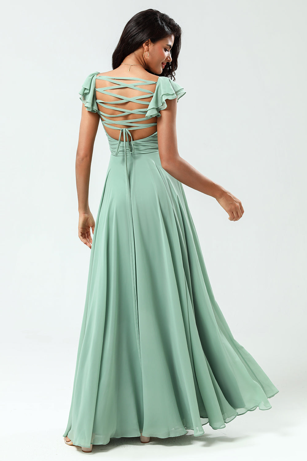 Lace-Up Back A Line Chiffon Green brudepike kjole med volanger