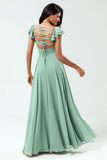 Lace-Up Back A Line Chiffon Green brudepike kjole med volanger