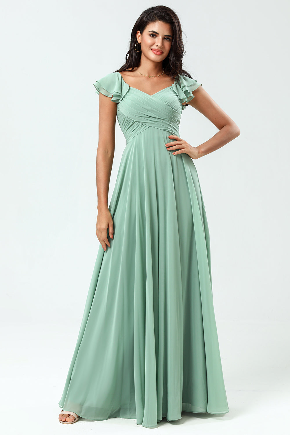 Lace-Up Back A Line Chiffon Green brudepike kjole med volanger