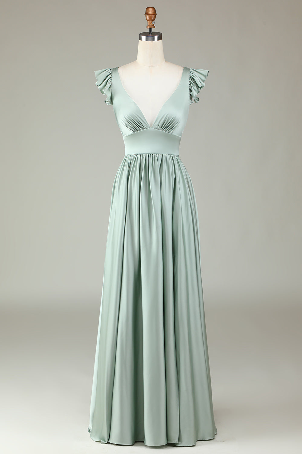 Deep V-Neck A Line Green Long Bridesmaid Dress med Ruffles