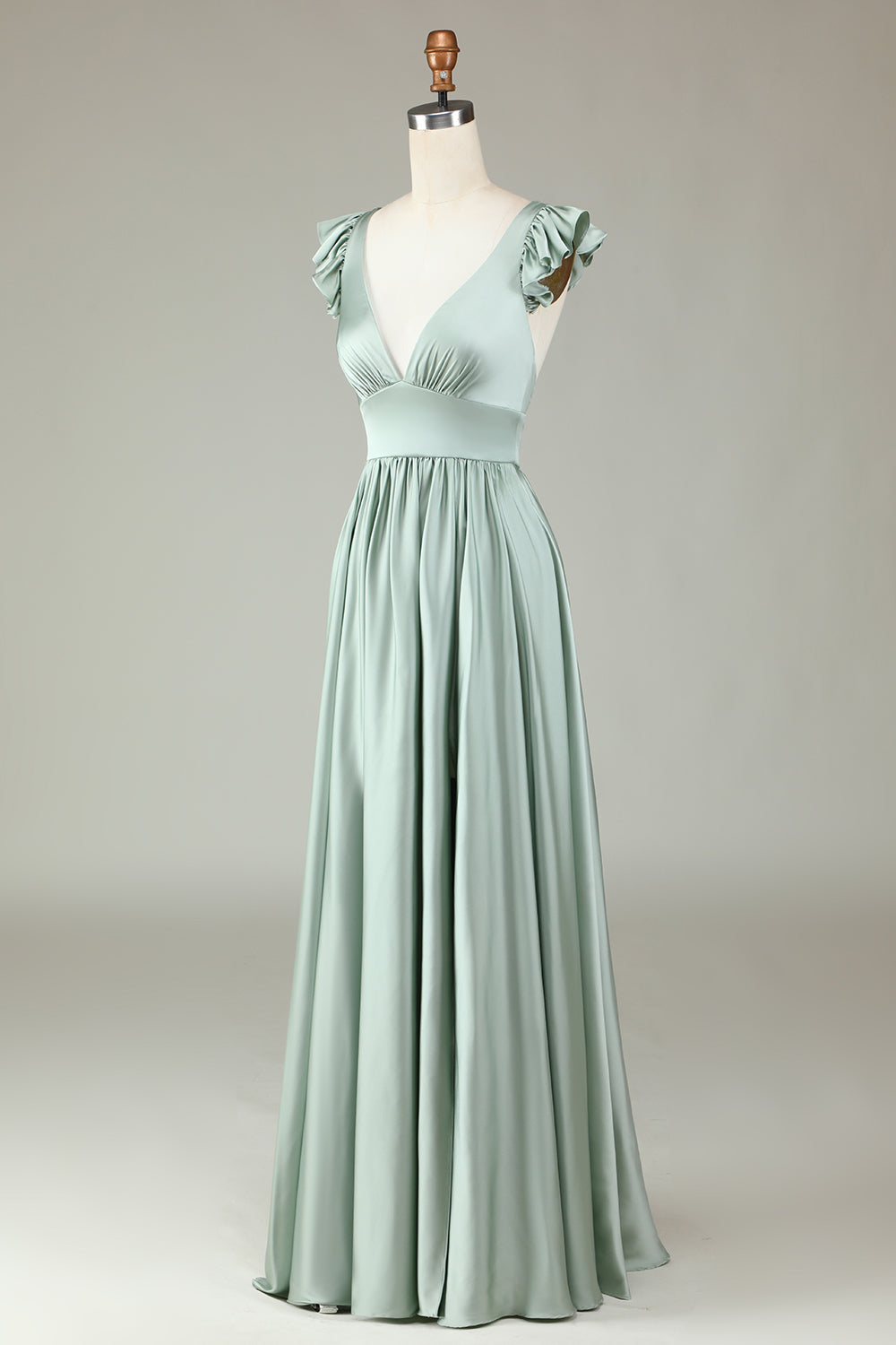 Deep V-Neck Matcha Long Bridesmaid kjole med volanger