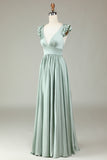 Deep V-Neck Matcha Long Bridesmaid kjole med volanger