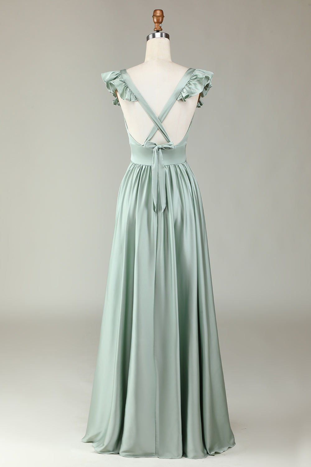 Deep V-Neck Matcha Long Bridesmaid kjole med volanger