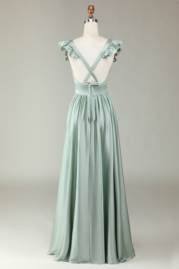 Deep V-Neck Matcha Long Bridesmaid kjole med volanger