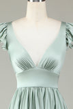 Deep V-Neck Matcha Long Bridesmaid kjole med volanger