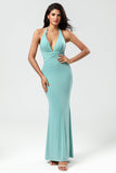 Mermaid Halter Green Long Bridesmaid Dress med V-hals