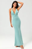 Mermaid Halter Green Long Bridesmaid Dress med V-hals