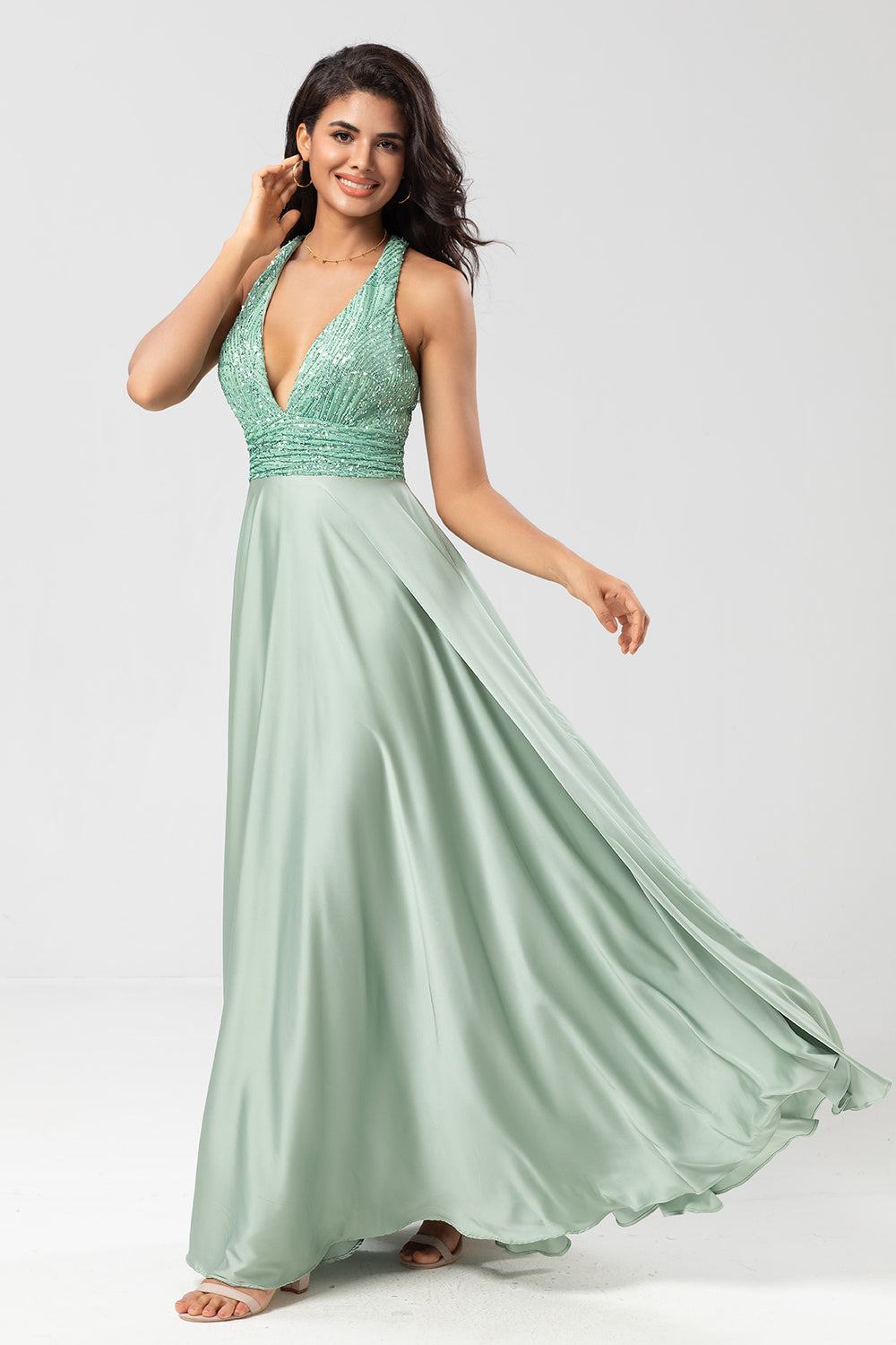 Never-Ending A Line V-Neck Matcha Long Bridesmaid Dress med Beading