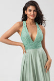 Never-Ending A Line V-Neck Matcha Long Bridesmaid Dress med Beading