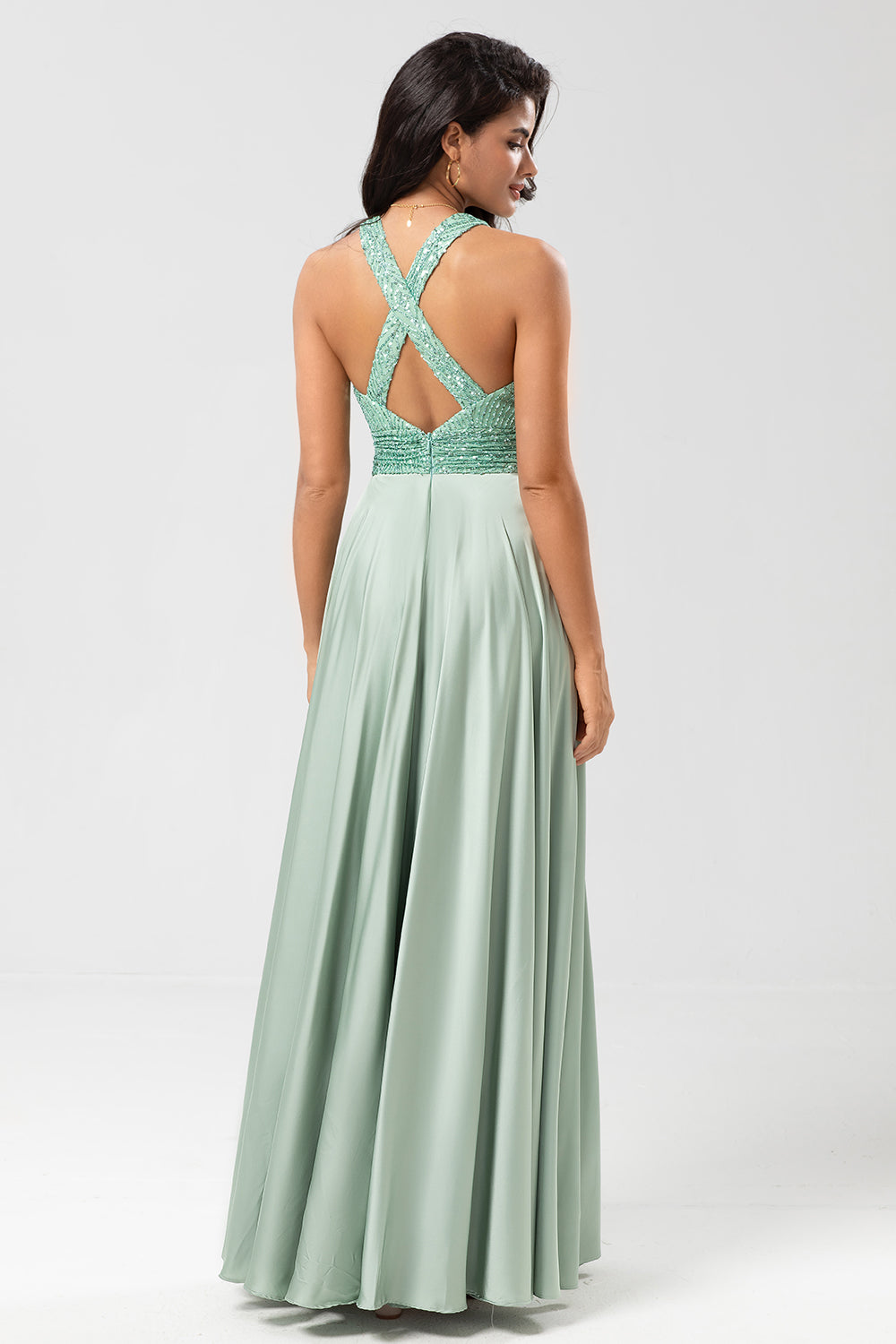 Never-Ending A Line V-Neck Matcha Long Bridesmaid Dress med Beading