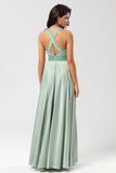 Never-Ending A Line V-Neck Matcha Long Bridesmaid Dress med Beading