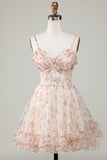 Champagne A-Line Korsett Floral Kort Homecoming Dress
