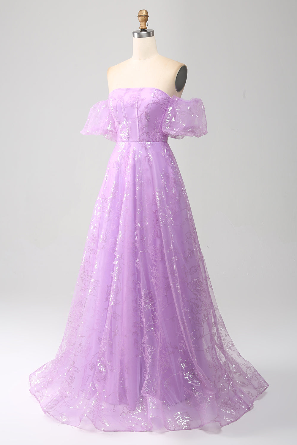 Lilac En linje stroppeløs glitrende paljett lang ballkjole