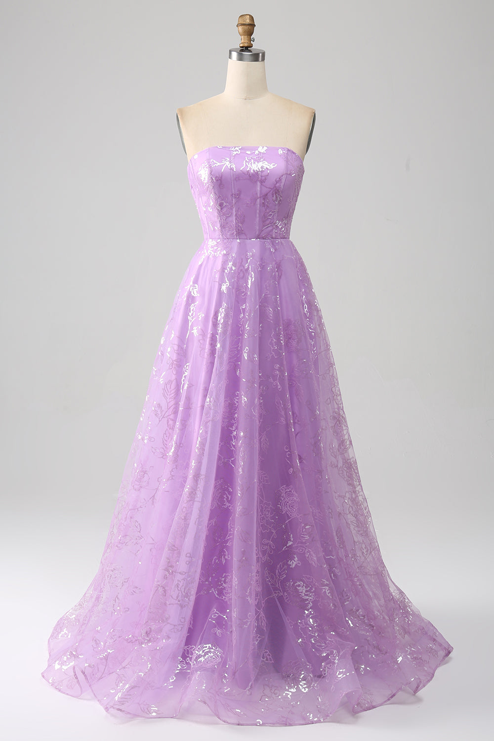 Lilac En linje stroppeløs glitrende paljett lang ballkjole