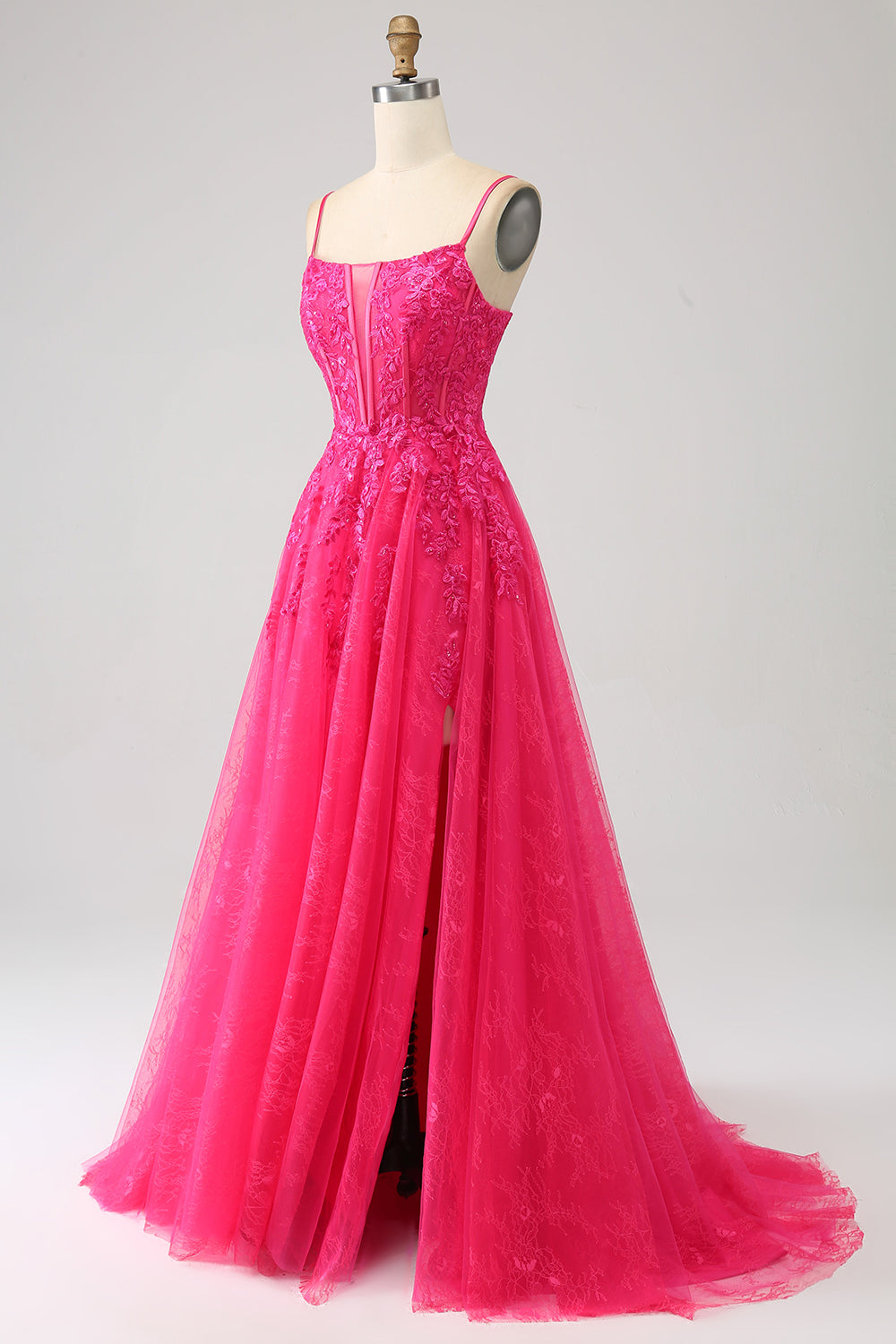 Fuchsia A-Line Korsett Blonder Long Prom Kjole med Slit