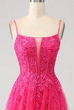 Fuchsia A-Line Korsett Blonder Long Prom Kjole med Slit