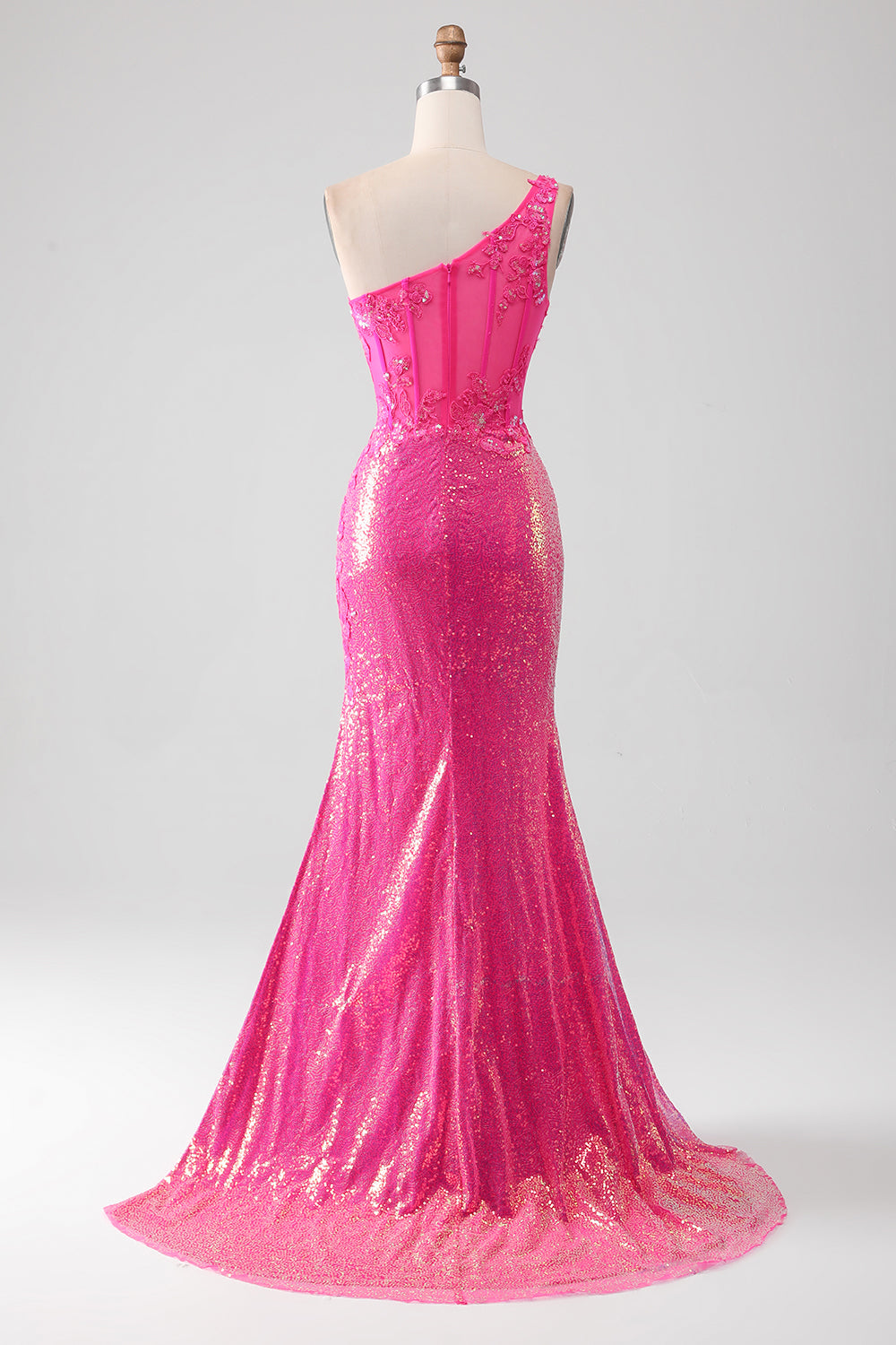Sparkly Fuchsia havfrue en skulder appliques ballkjole med spalt