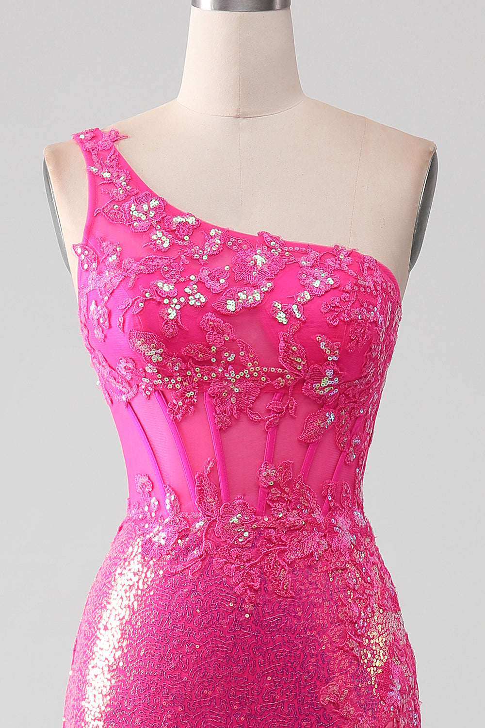 Sparkly Fuchsia havfrue en skulder appliques ballkjole med spalt