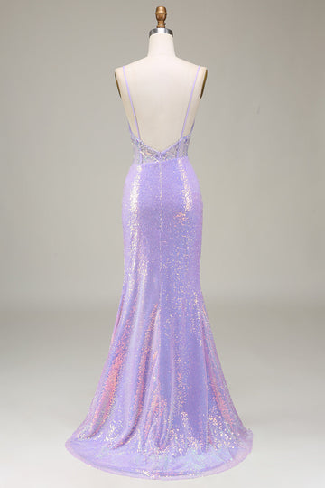 Sparkly Mermaid Light Purple Corset Prom Dress med Slit